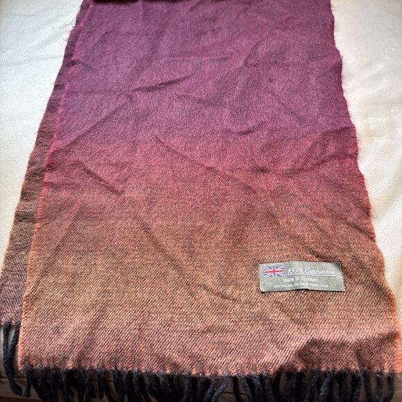 Mens 100% Cashmere Scarf Made In Scotland Plum Brown Ombré 12x68” Can Hand Wash - Picture 4 of 4